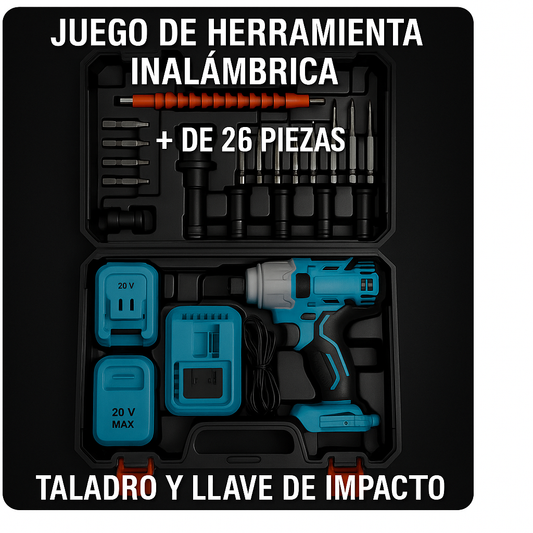 KIT : 2X1 TALADO INALAMBRICO + FUNCION PISTOLA DE IMPACTO + 26  ACESORIOS + 2 BACTERIA